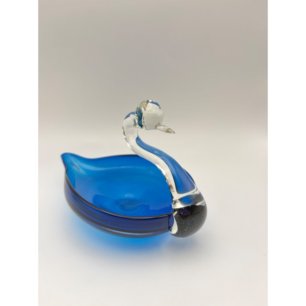 Vintage Cobalt Blue Art Glass Swan Figurine Candy Dish Trinket Catchall Bowl